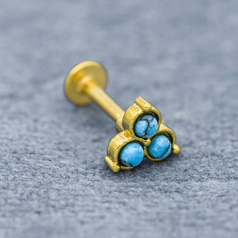Blue Turquoise Stone Lip Labret Piercing Stud 16G 6mm gold plating