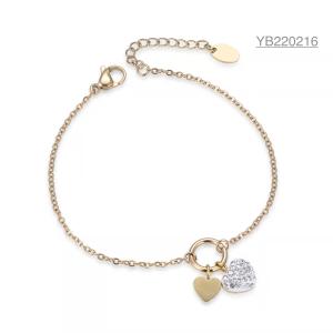 Quality 16cm Double Heart Rhinestone Bangle 14k Gold Stainless Romantic Bracelets For Her wholesale