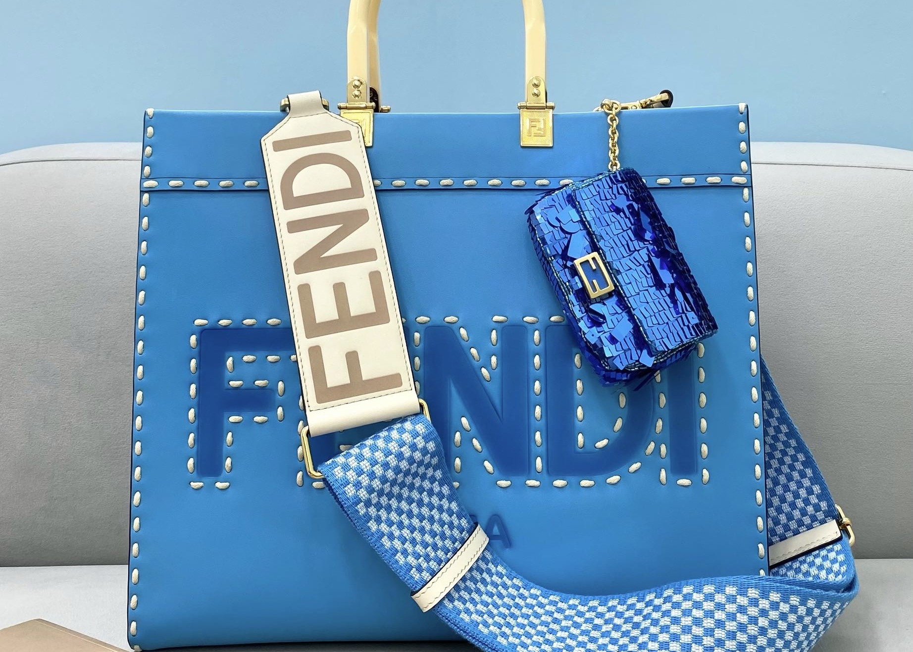 Stitching Womens Leather Tote Shopper Bag Blue With Single Shoulder Strap