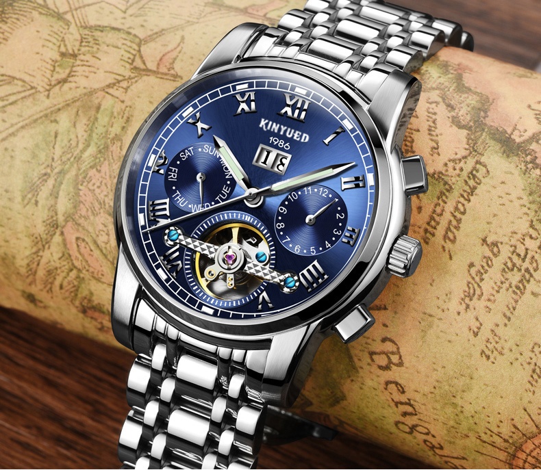 KINYUED J015-3 White Dial Stainless Steel Strap OEM Custom Watches Waterproof Automatic Mechanical Luminous Watch Men W