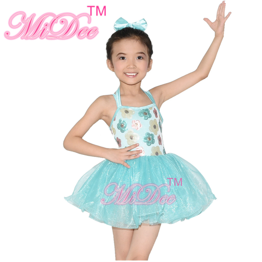Floral Kids Dance Clothes Halter Neck Sequin Dress Tulle Tutu Skirt Attached