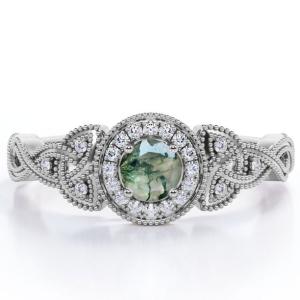 Quality Art Deco Twisted Shank 0.58 Carat Round Cut Natural Transparent Moss Green Agate and Moissanite Milgrain Halo Engagement wholesale