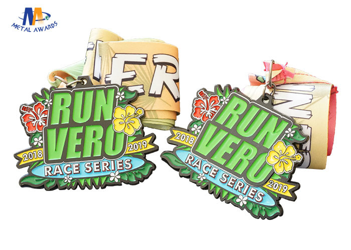 Die Cast Metal 5k Race Medals Black Nickle Plating Colors Filled With Sublimated Ribbon