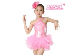 Quality Childrens Ballerina Outfits / Dance Costumes Full Sequins Pink Pleated Tulle Skirt wholesale