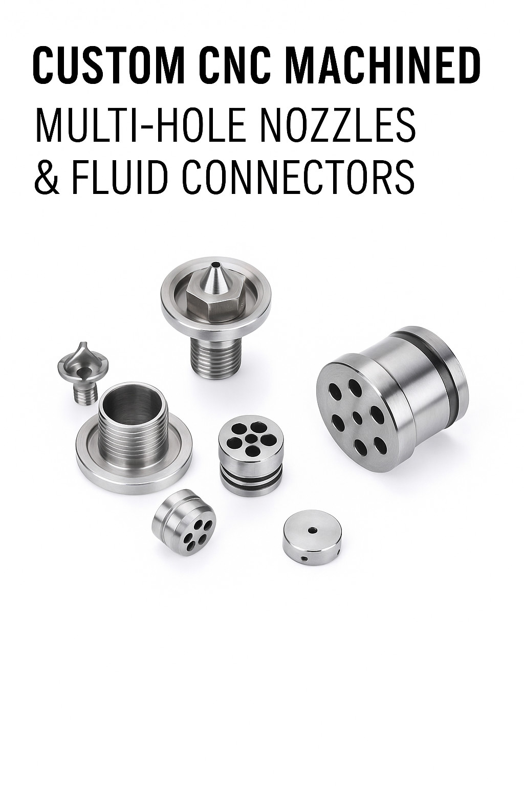 Custom CNC Machined Multi-Hole Nozzle & Fluid Connectors – Precision Stainless Steel Components for Spray, Fuel, and Laboratory Systems