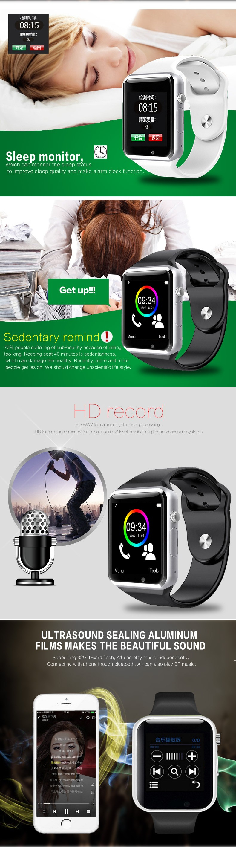 Smart Watch A1 Smartwatch For Android IOS Phone Women BLE Watch With Retail Box Spain Market