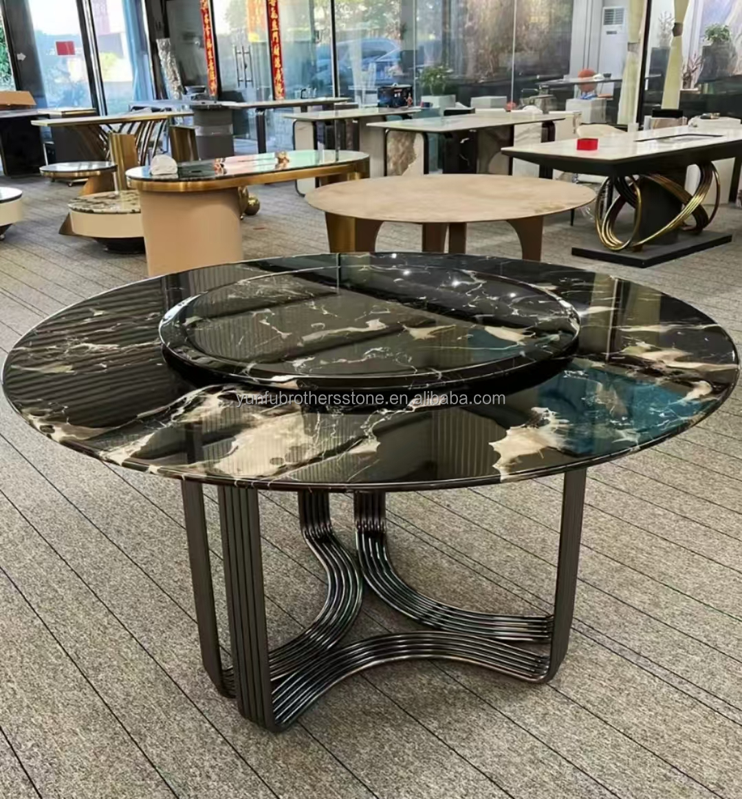 Modern Polished Black Rose Marble Big Slab Dining Table Set for Villa and Hotel Design