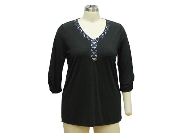 V Neck Ladies Casual T Shirts Three Quarter Sleeve Tops Bling Neckties