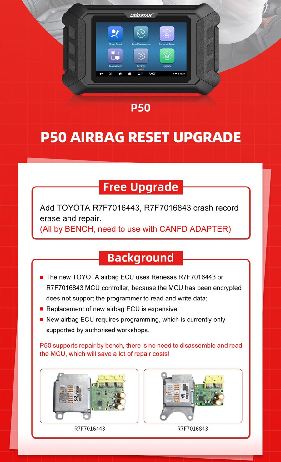 2024 OBDSTAR P50 Airbag Reset Tool Covers 86 Brands and 11600+ ECU Part No. by OBD/Bench Support Battery Reset/ SAS Rese