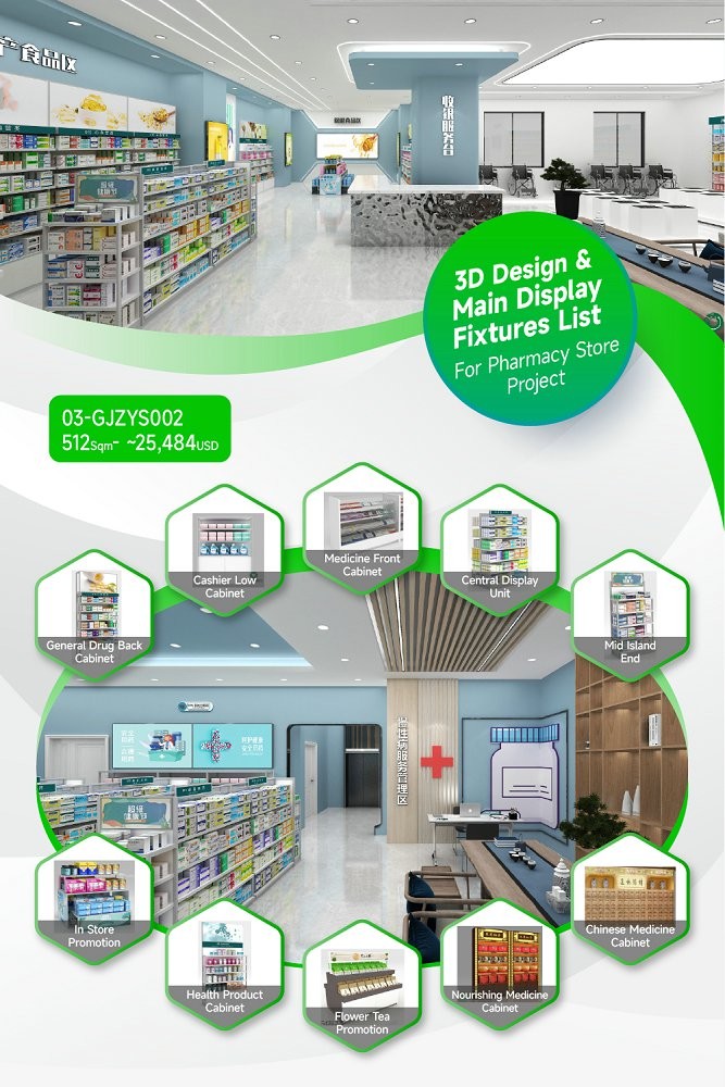 03-GJZYS002, Advanced Professional Style Pharmacy Shop in Harbin featuring 275 Main Fixtures within 512 Sqm and Approx. $25,484 Budget