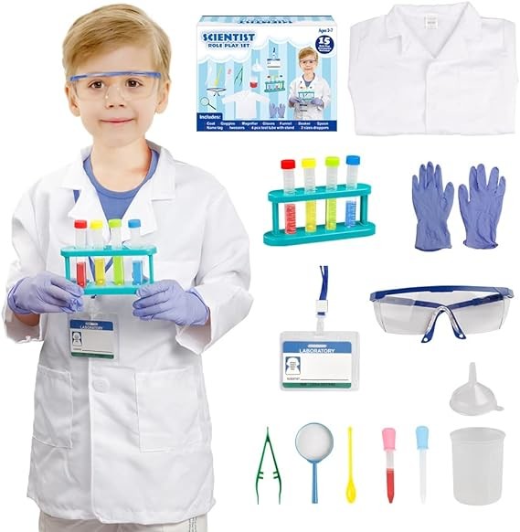 Scientist Costume For Kids Lab Coat With Science Experiment Kit Dress Up & Pretend Play For Boys Girls Age 4-8