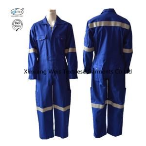 Quality Blue 100% Cotton Twill Flame Resistant Reflective Durable Coverall 320gsm For Oil Petrochemical Industry wholesale
