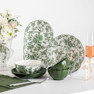 Quality Restaurant Occasion Luxurious Green Ceramic Dinner Set With Flower Design wholesale