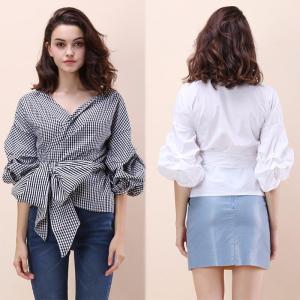 Quality Fall Clothing Blouse Ladies Gingham Tops Women Wrap Top wholesale