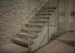Walnut Wood Treads Floating Steps Staircase Tempered Glass Railing Residential