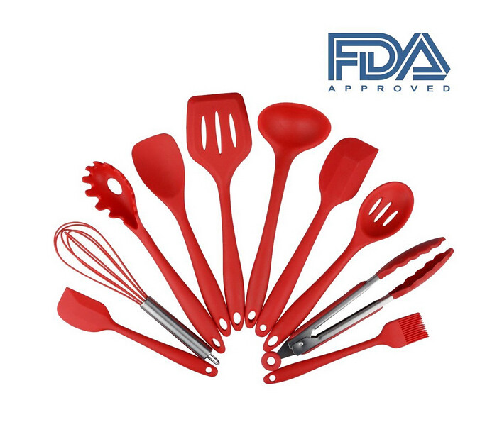 China LFGB FDA bpa free heat resistant red 10 pcs silicone kitchen utensil set