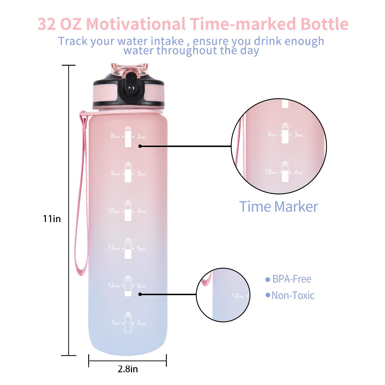Leak Proof Tritan Water Bottle 32 Oz Water Bottle With Time Marker BPA Free Ensure You Drink Enough Water For Fitness Gym Camping Outdoor Sports