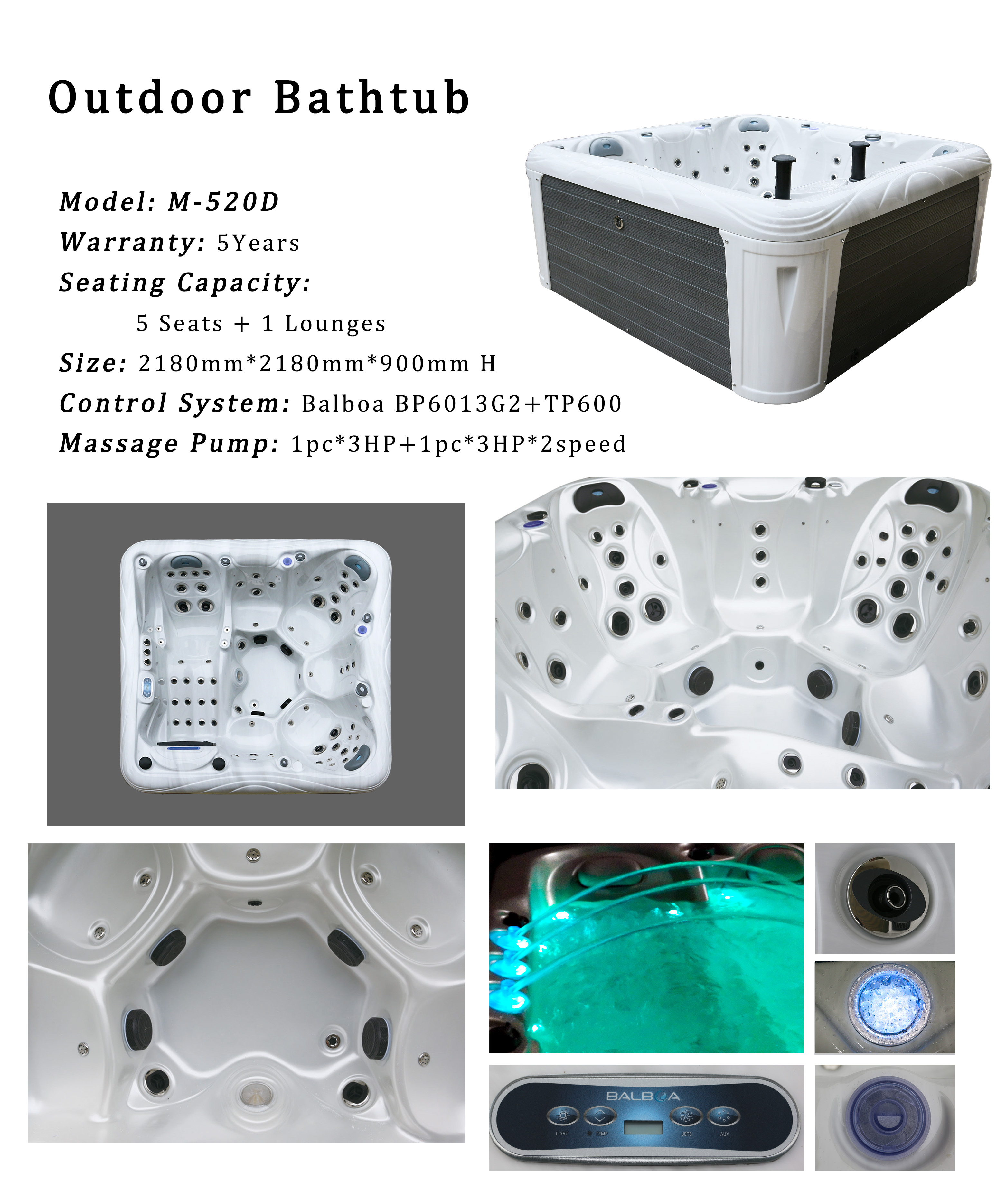 6 Person Massage Acrylic Swim Spa Tubs Outdoor Whirlpool Hot Tub