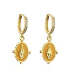 Crystal Rhinestone Hoop Earrings Gold Plated Virgin Mary Pendant OEM