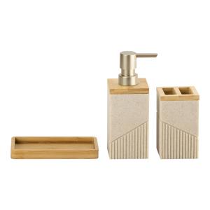 Quality Sand Polyresin Bathroom Caddy Wood Part Ribbed Vertical Stripe Bathroom Soap Dispenser Pump wholesale