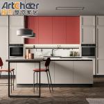 Modern Stylish Pink Kitchen Cabinets with ENF Panel and Small Island Table