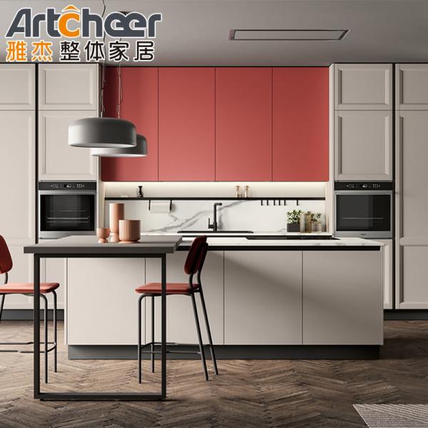 Modern Stylish Pink Kitchen Cabinets with ENF Panel and Small Island Table