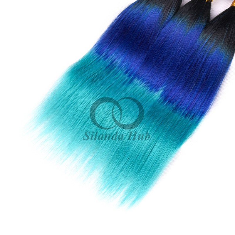 #T1B/Blue/Light Blue Straight Remy Human Hair Bundles Sew In Weave Bundles Brazilian Bundle Deals
