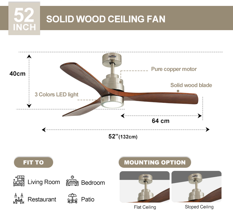 110-240V/50Hz-60Hz Input Voltage V LED Ceiling Fan with Metal Body and Solid Wood Blades
