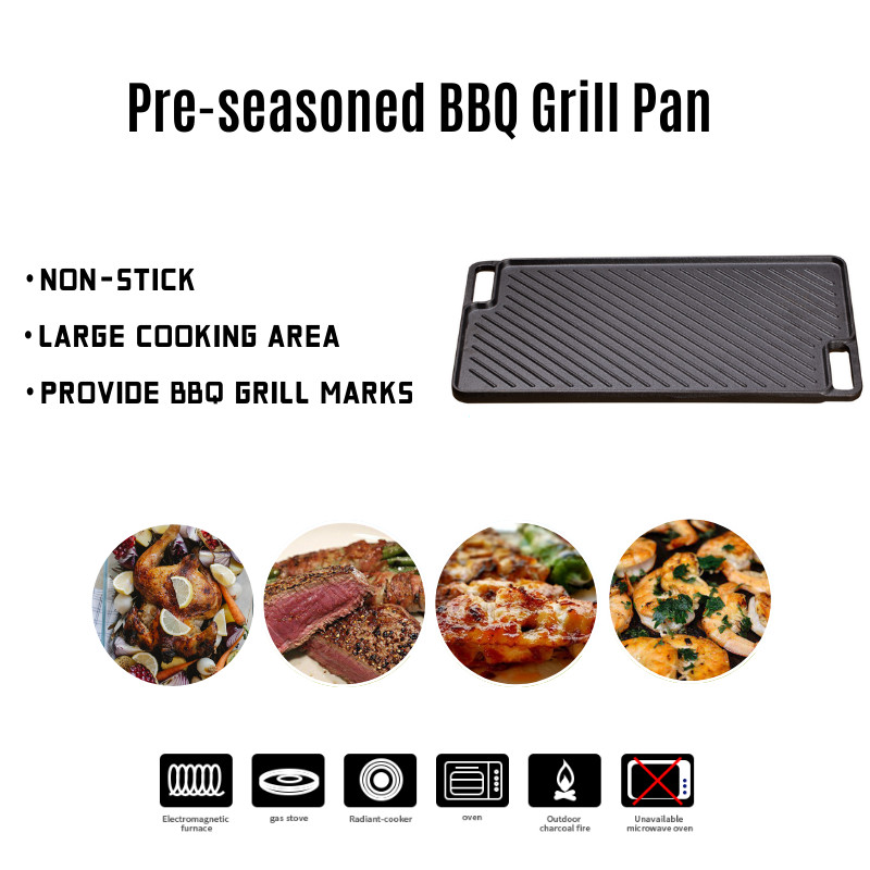51.2*26.5cm Cast Iron Grill Griddle Bbq Griddle Pan With Press