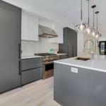 Lacquer Finished Kitchen Cabinet with Acrylic Door Panel and Quartz Stone