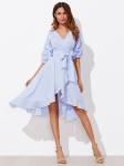 Asymmetrical Gathered Sleeve Surplice Wrap Pinstripe Dress For Women