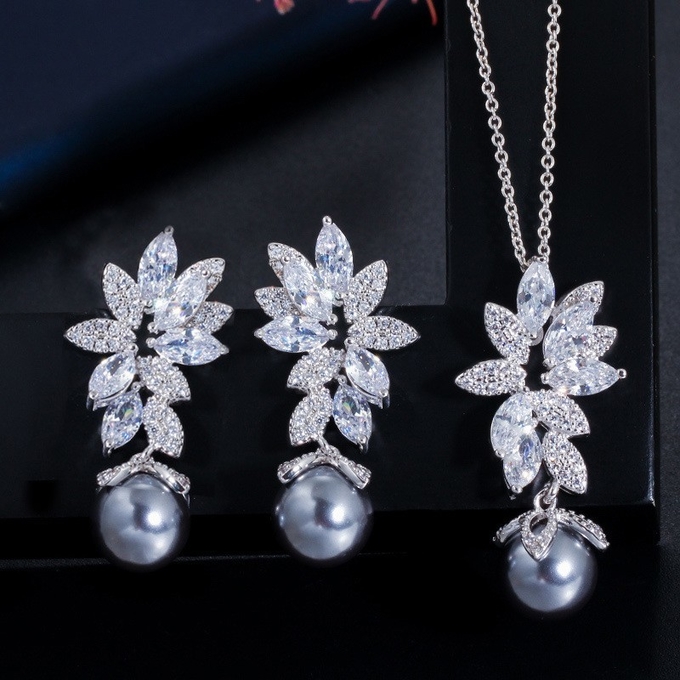 Pearl Jewelry SetBridal Wedding Jewelry Sets For Women Green Crystal Silver Color Tear Drop Jewelry Necklace Set