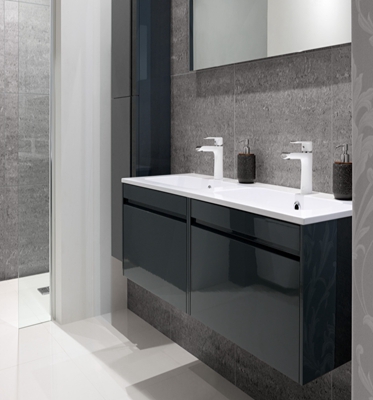 Customized Color High Gloss Acrylic Bathroom Cabinet with Double Sink and Wall Mount