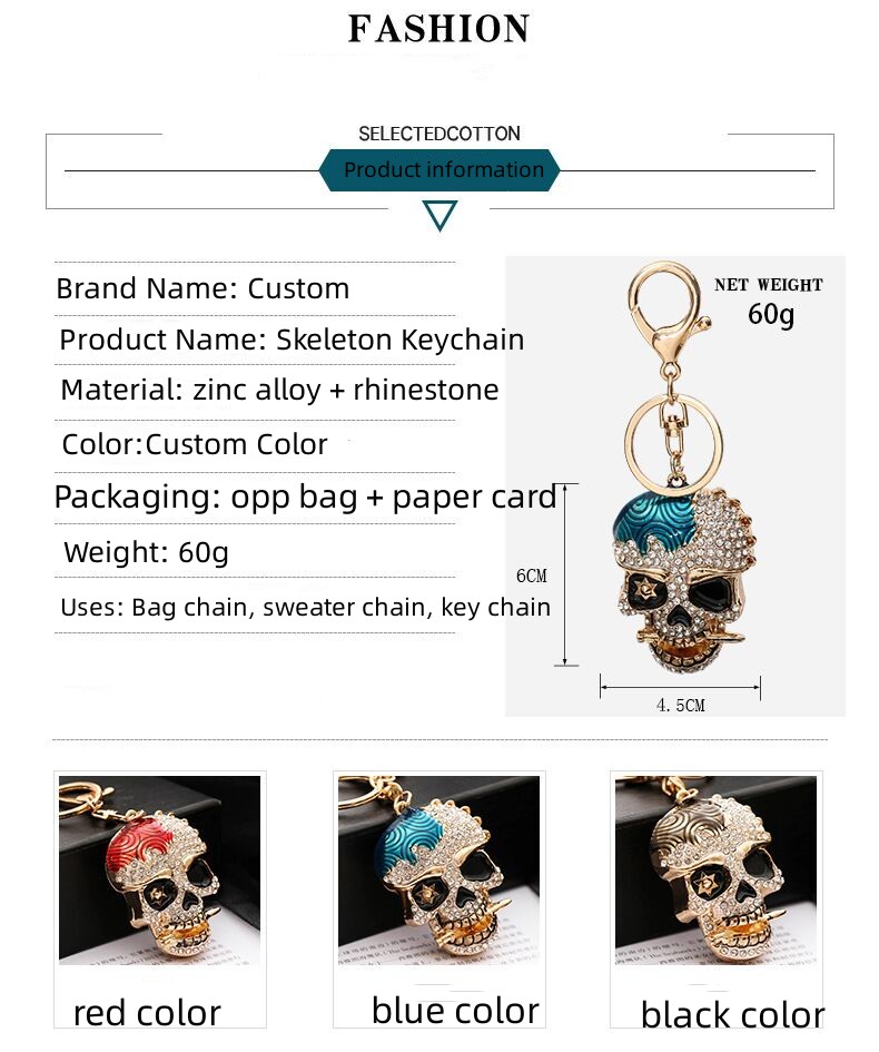 New Manufacturers European American diamond Ghost head creative epoxy metal 3d hip hop car keychain for bag pendant