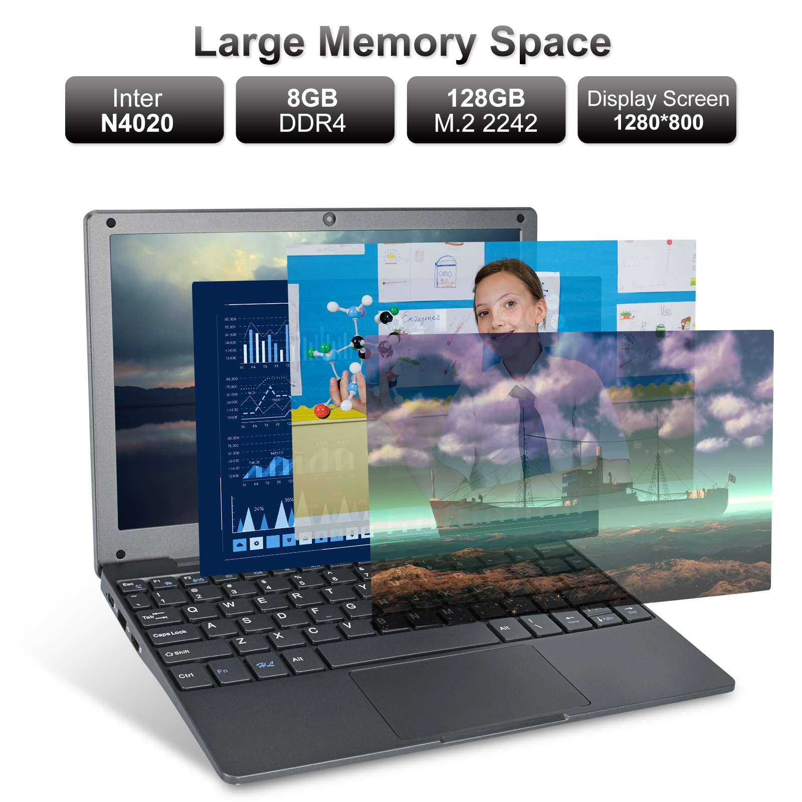 10.1 Inch Laptop with Intel Celeron N4020 CPU 8GB RAM 128GB SSD Dual Screen Built-In Camera Windows 11 Pro 0.93KG US/EU Plug