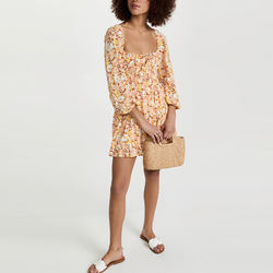 Ladies Viscose Floral Print Ruffle Hem Scoop Neck Smocked Waist Crepe Dress for Women