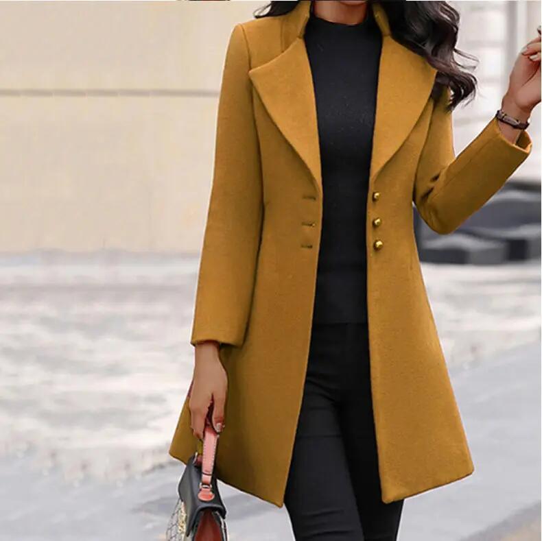 MID-Length Korean Version Wool Lapel Thin Winter Coat Solid Color Slim Ladies Woolen Coats for Women