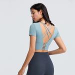 Women Lulu Cropped Yoga Padded T Shirt Breathable Cross Back Gym Energy Top