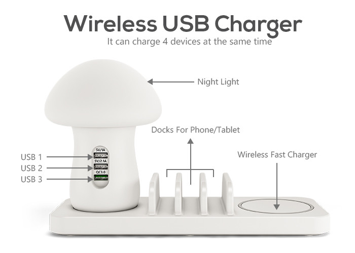 Mushroom White 10W QI Wireless Night Light Charging Station