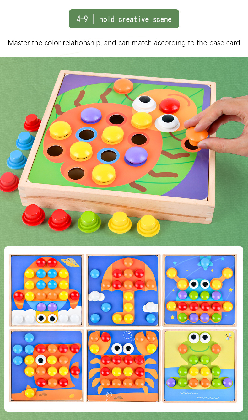 Children Wood Baby Developmental Toys Particle Button Puzzle Mushroom Nail Cartoon