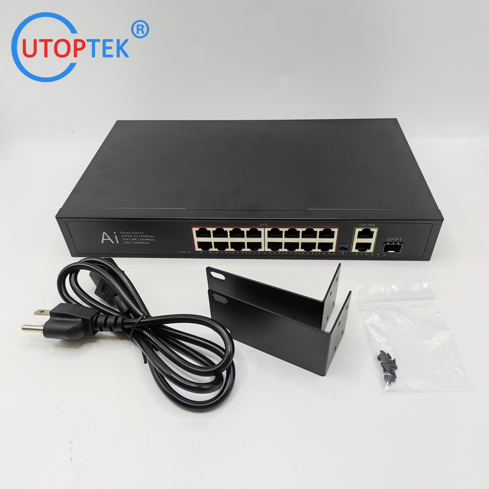 Unmanaged 16xFE POE+2xGE RJ45+1xGE SFP Port Extend distance 10M/250m POE Ethernet Switch support 1U RACK Install