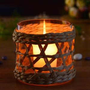 Quality Round Creative Glass Candle Holders With Wicker Sleeve wholesale