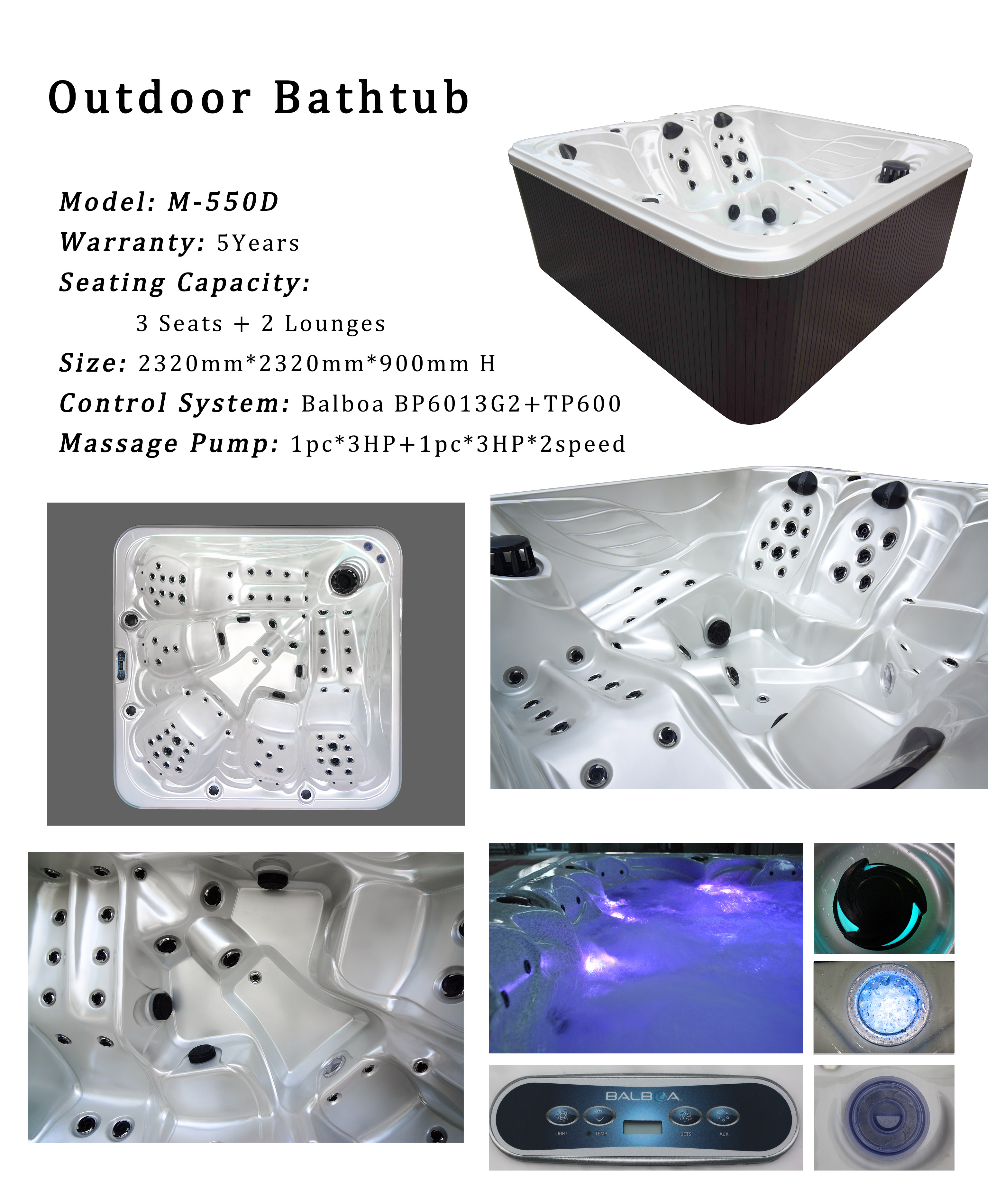 5 Person High Density Foam Luxury Flow Filter System Massage Hot Tub Spa Tub
