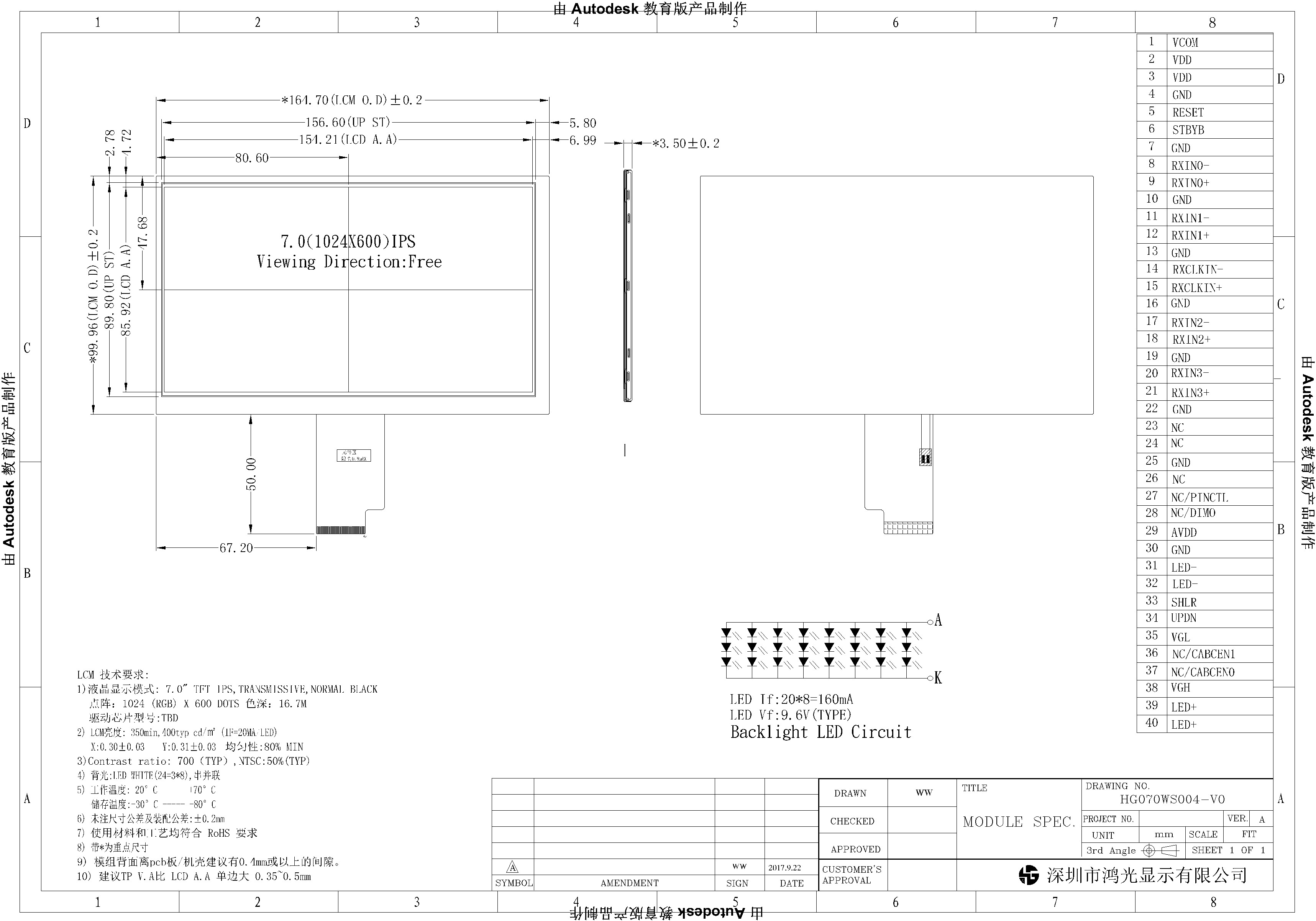7.0 inch 1024x600 pixels Industrial LCD Display LVDS Interface 400cd/m2