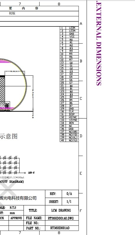 40 Pin Circular TFT LCD Screen Display 360x360 RGH 3.6 Inch ST72566