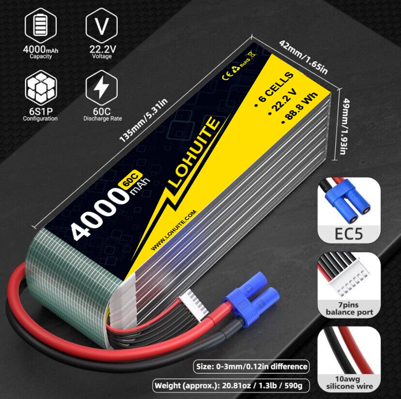 Powerful 4000mAh 6S Battery Dean 60C 6S LIPO BATTERY 22.2V 590g Discharge Rate 30C-60c