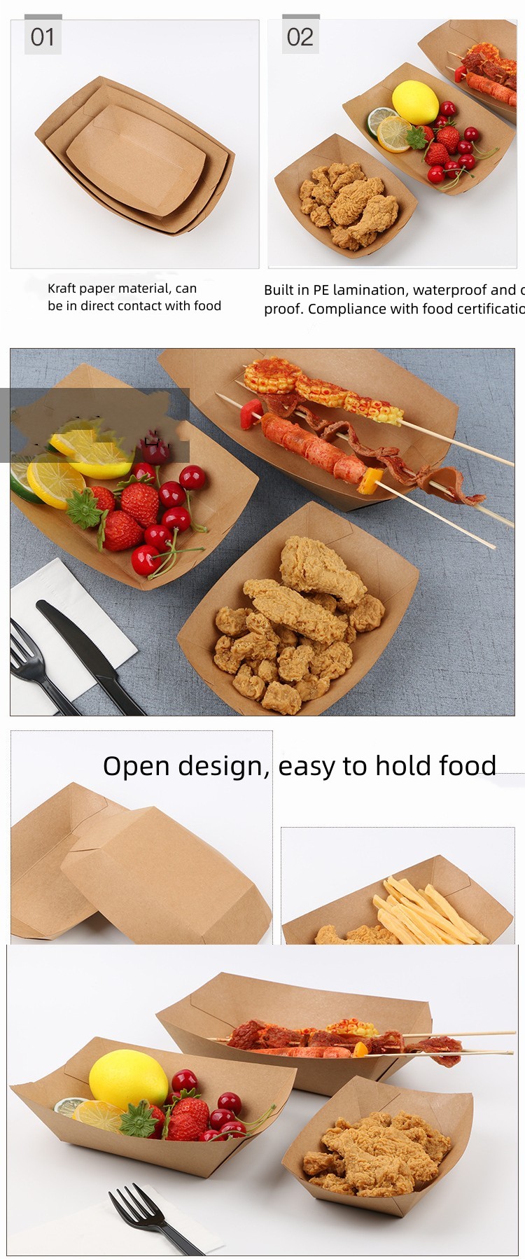 Fast Food French Fry Containers Kraft Paper Boat Serving To Go Containers Packaging