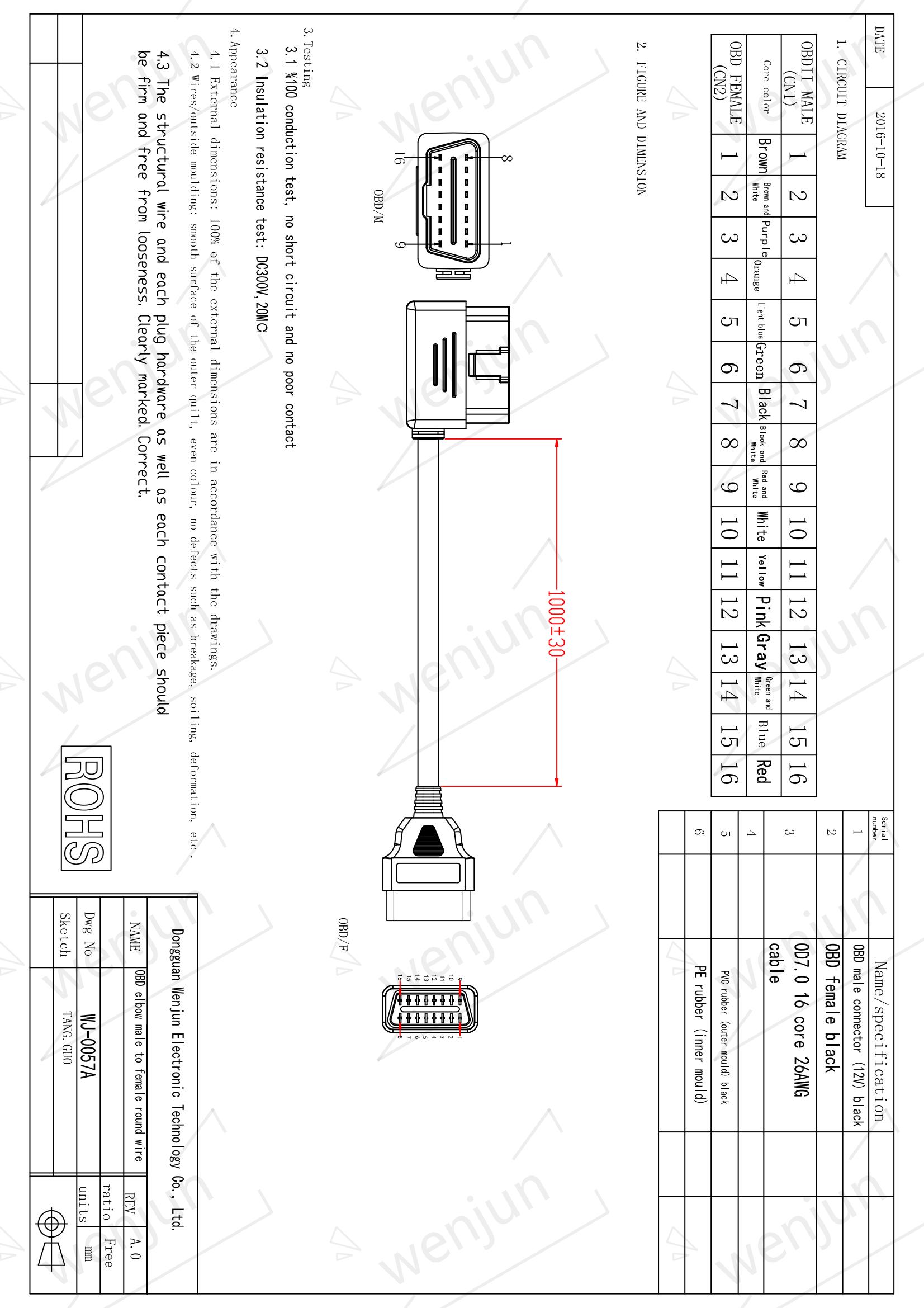 16 Pin J1962 OBD 2 Extension Cable , Multipurpose OBD Extension Lead
