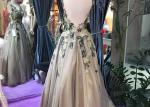 Sleeveless Backless Ball Gown , Champagne Tulle Prom Dress Embroidery Flowers