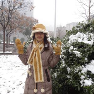 Quality Winter Shearling Sheepskin Hats Gloves And Scarf Set Medium Length wholesale